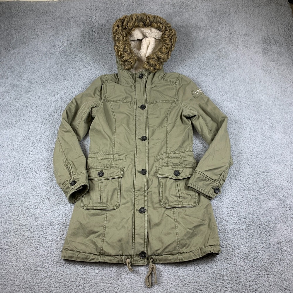 VTG Abercrombie & Fitch Jacket Womens Medium Green Parka Sherpa 90's Fur‎ Hood